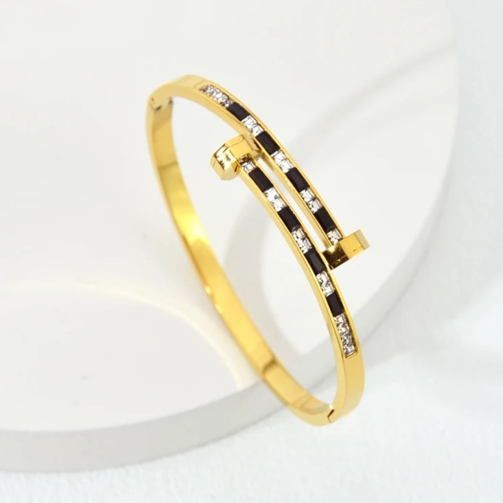 Women Stainless Steel Fashionable Black Stripe Nail Cuff Bracelet - Picture 4 of 5